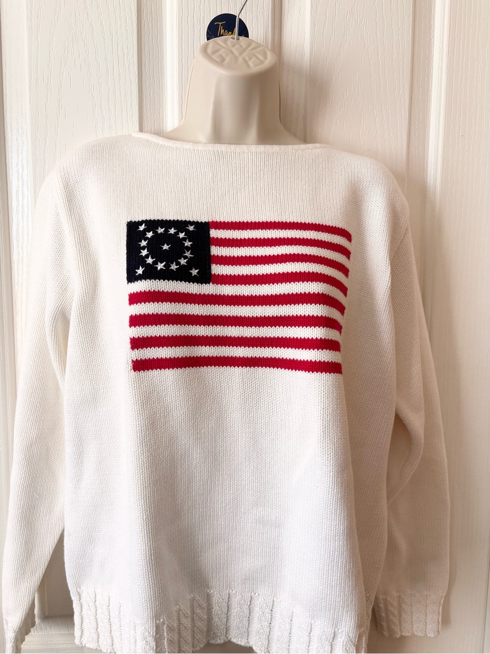 Liz Claiborne White Crewneck Sweater with Red & Navy Flag Motif